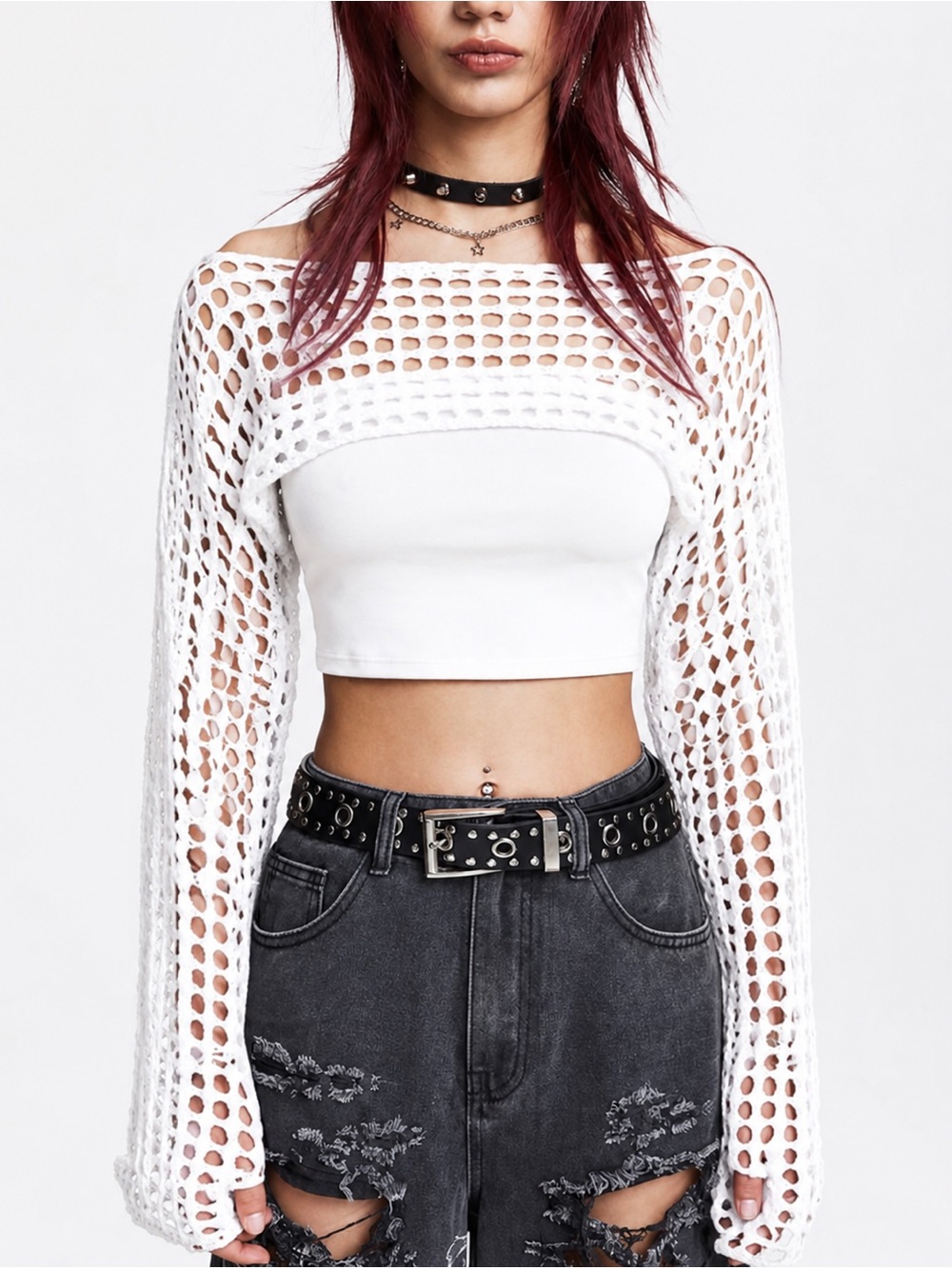 ROMWE White Crochet Open-Knit Off-Shoulder Crop Top